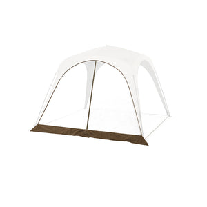 White tent with a brown groundsheet on a white background