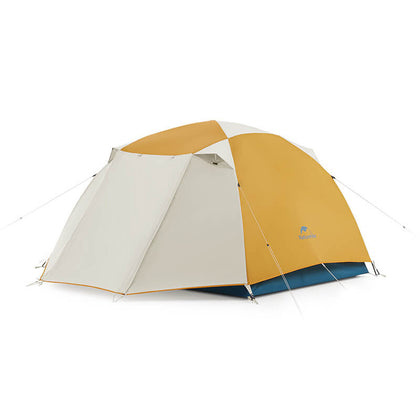 A yellow and gray Naturehike tent designed for 2-3 persons, featuring a dome shape and equipped with a floor mat.