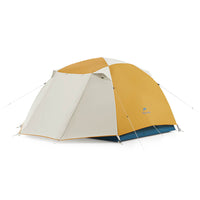 A yellow and gray Naturehike tent designed for 2-3 persons, featuring a dome shape and equipped with a floor mat.