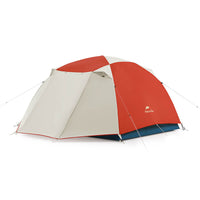 A red and gray Naturehike tent designed for three people, featuring a dome shape and a zipper opening.