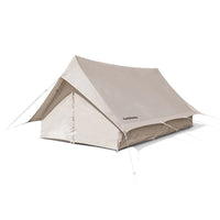 A beige A-frame cotton canvas camping tent with a YKK closure, including ropes and a pole for setup.