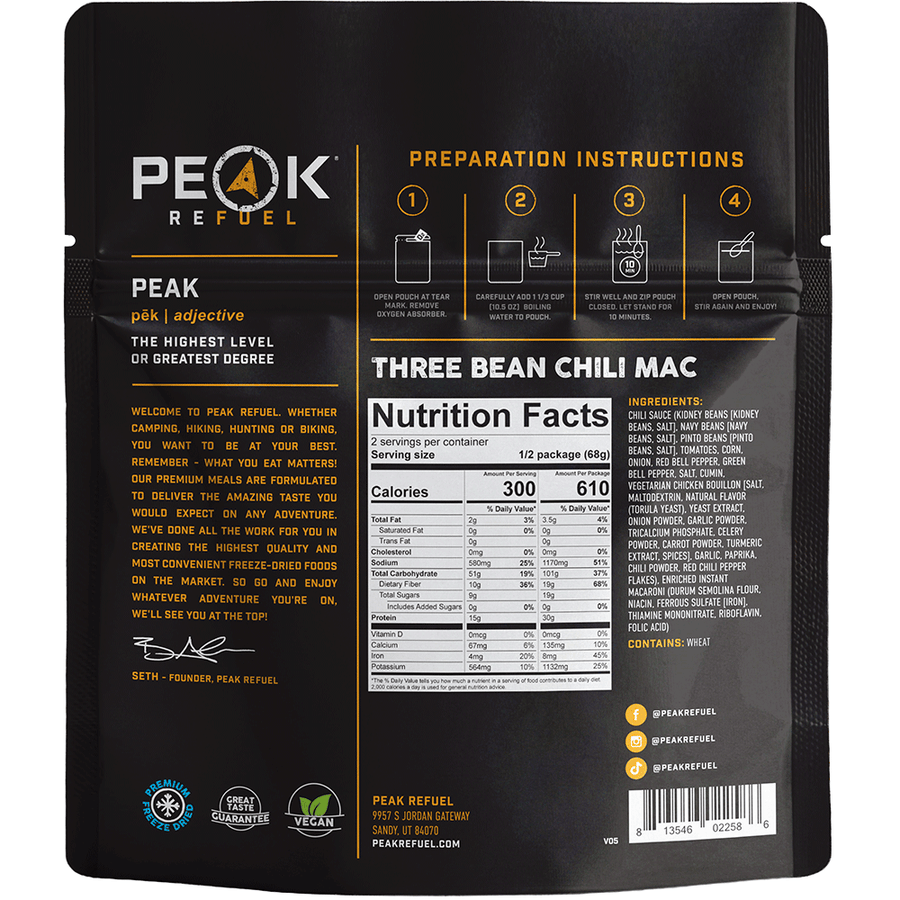 Peak Refuel Three Bean Chili Mac Freeze-Dried Meal - 2 Servings