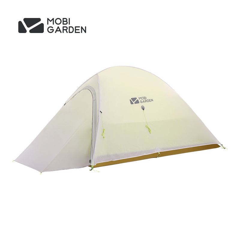 A white Mobi Garden tent pitched, with the brand logo visible on the side.