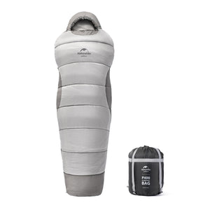 A gray Naturehike mummy cotton sleeping bag displayed next to its carrying bag.