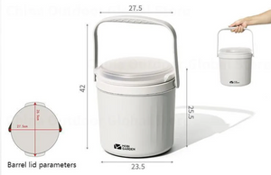 A white 8.5 L lightweight bucket container with a sturdy handle, suitable for carrying water or other essentials. With dimensions labeled 