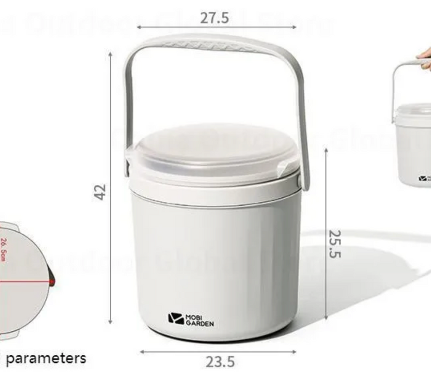 A white 8.5 L lightweight bucket container with a sturdy handle, suitable for carrying water or other essentials. With dimensions labeled 