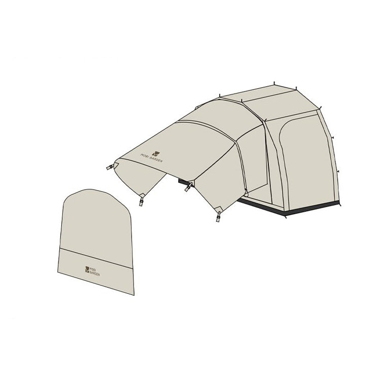 An illustration of a beige motor vehicle accessory named 'Mobi Garden LS CAR-CONNECTED INNER TENT', consisting of a tent structure and a detachable cover.