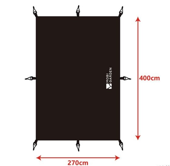 Black rectangular tent mat with dimensions 270cm by 400cm, featuring corner attachment points and a brand logo in the upper right corner.