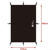 Black rectangular tent mat with dimensions 270cm by 400cm, featuring corner attachment points and a brand logo in the upper right corner.