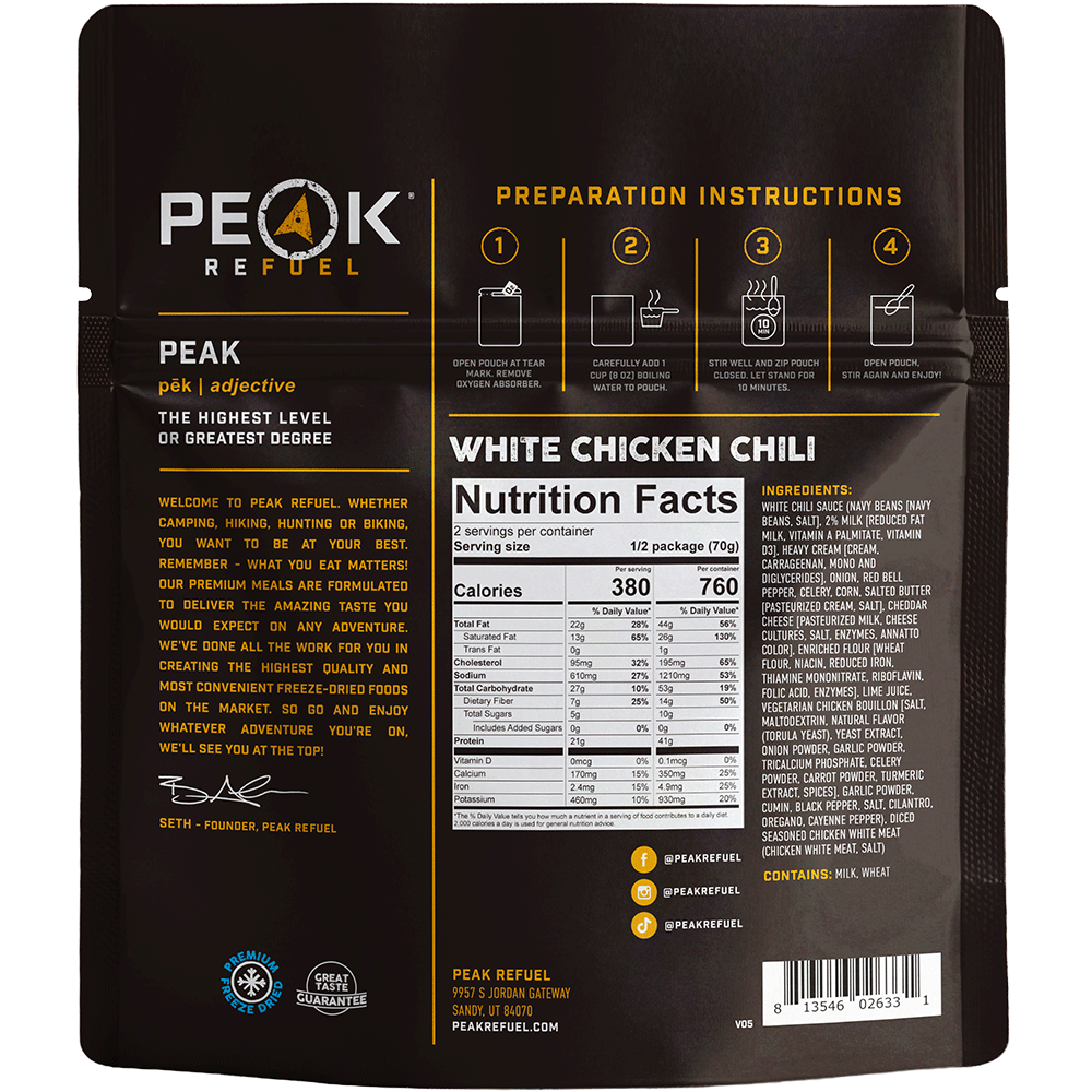 Peak Refuel White Chicken Chili Freeze-Dried Meal - 2 Servings