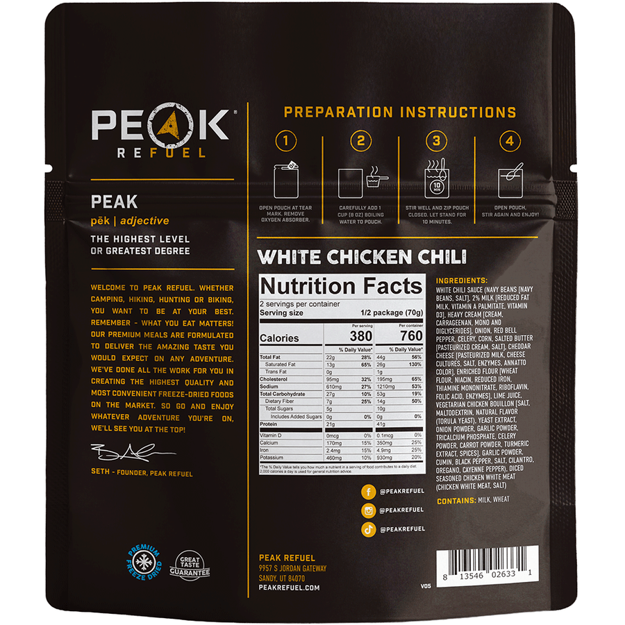 Peak Refuel White Chicken Chili Freeze-Dried Meal - 2 Servings