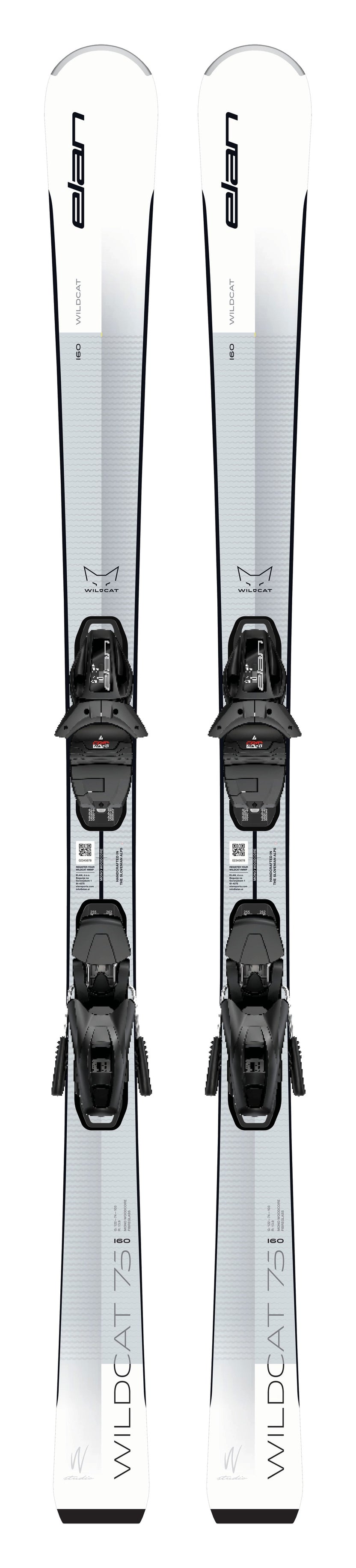 Elan Wildcat 75 White Skis + EL 9.0 GW Bindings - Women's - upright full-length topsheet