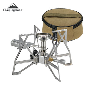 CampingMoon butane camping stove XD-3F with a foldable design, displayed alongside its attached storage bag.