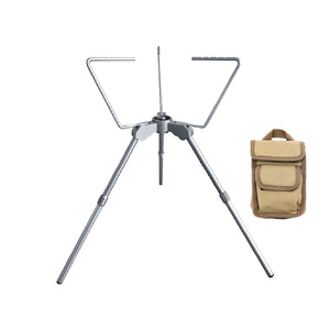 Camping stove stand with adjustable height and a carrying pouch, designed for outdoor Screw on type gas fuel canister and backpacking/camping devices.