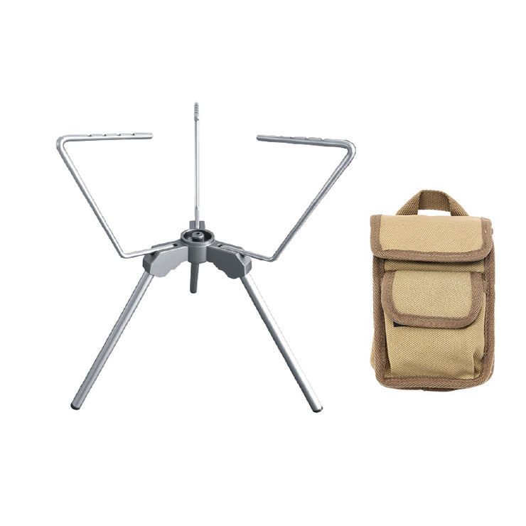 Campingmoon Z02 low-position backpacking stove stand with fold-out aluminum legs and notched stainless steel trivet over a gas canister.