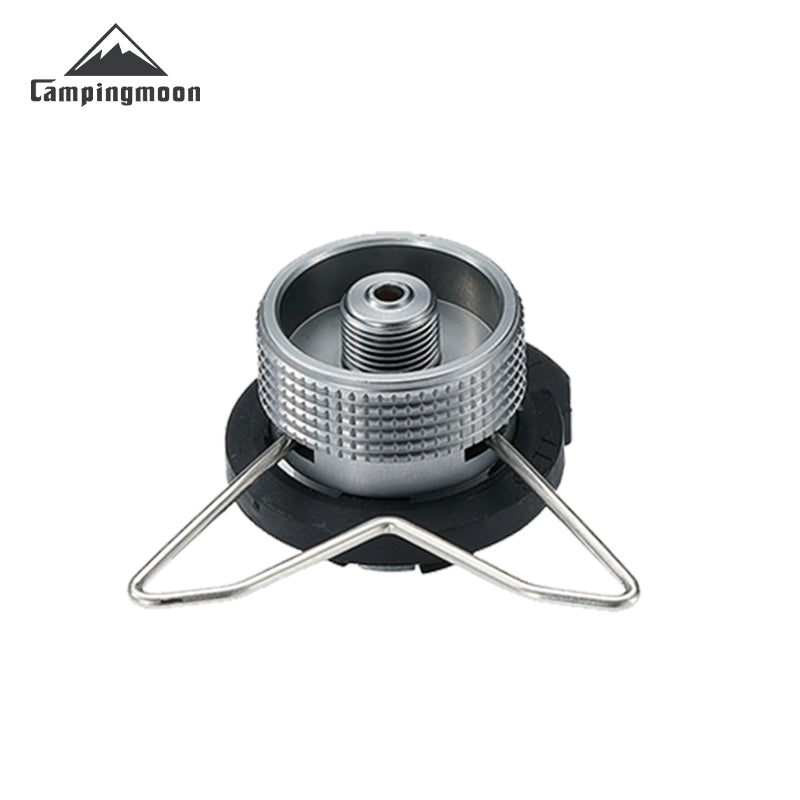 A silver CampingMoon butane adapter with a safety stand, designed for use with butane gas canisters, against a white background.