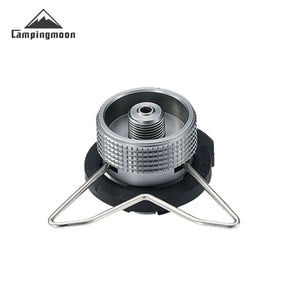 A silver CampingMoon butane adapter with a safety stand, designed for use with butane gas canisters, against a white background.