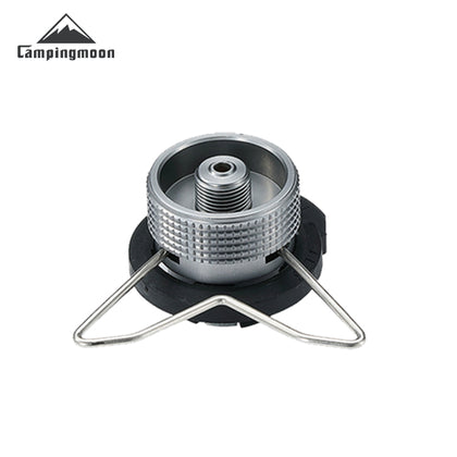A silver CampingMoon butane adapter with a safety stand, designed for use with butane gas canisters, against a white background.