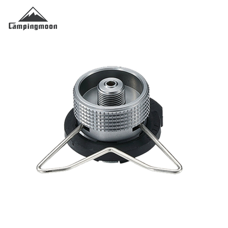 A silver CampingMoon butane adapter with a safety stand, designed for use with butane gas canisters, against a white background.