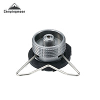 A silver CampingMoon butane adapter with a safety stand, designed for use with butane gas canisters, against a white background.