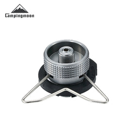 A silver CampingMoon butane adapter with a safety stand, designed for use with butane gas canisters, against a white background.