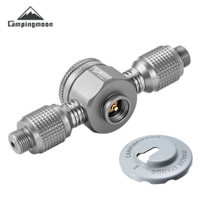 CampingMoon 3-Way Adapter Z31, made of metal with a self-sealing valve, designed for connecting to gas canister, with three male thread outlets.