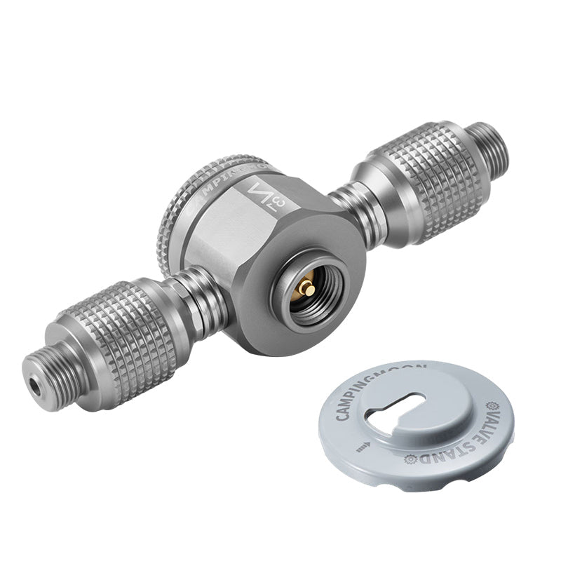 CampingMoon 3-Way Adapter Z31, made of metal with a self-sealing valve, designed for connecting to gas canister, with three male thread outlets.