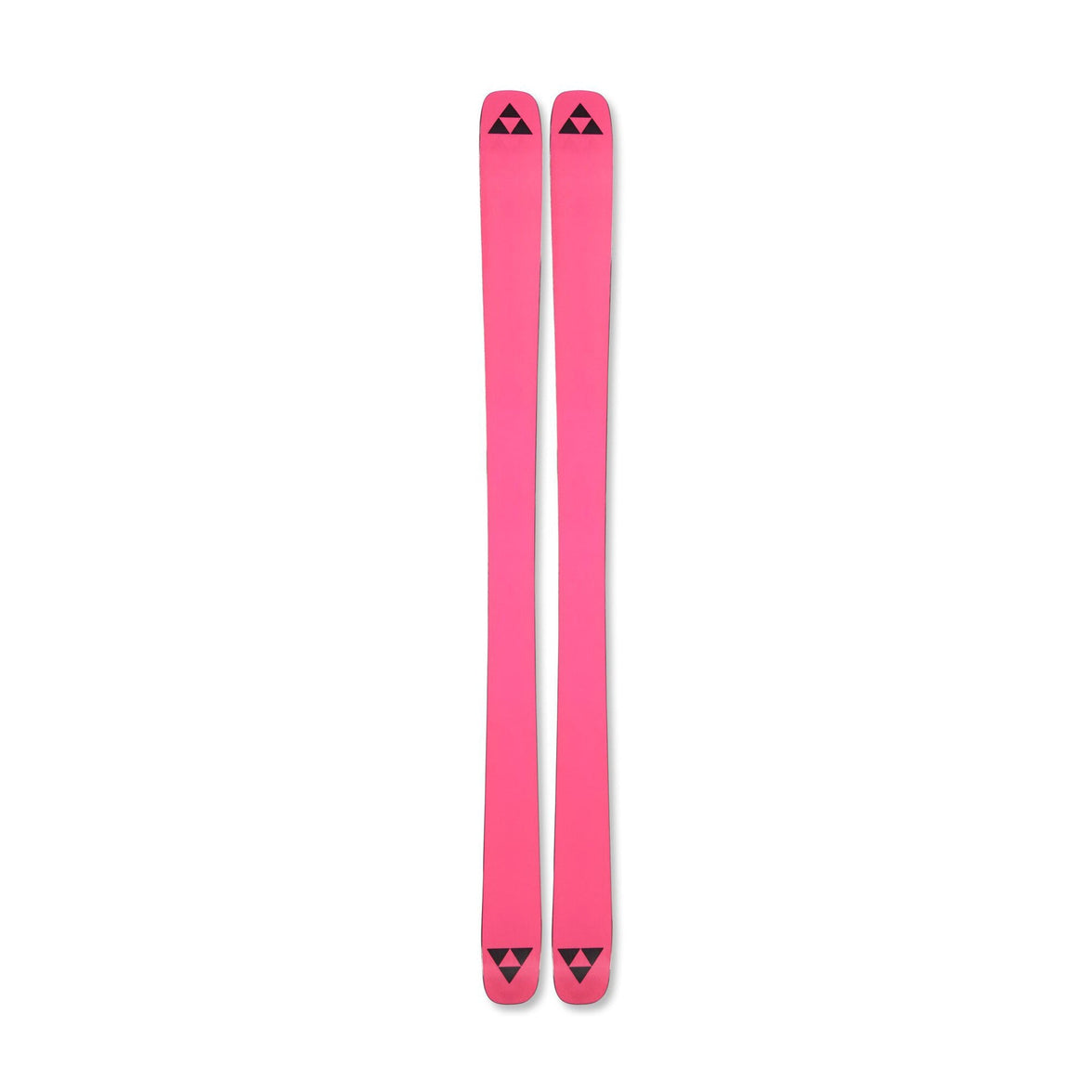 Pair of pink skis with a logo on a white background