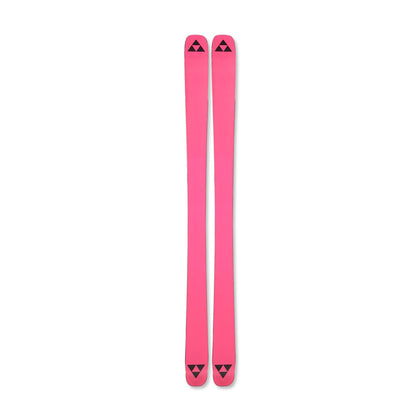 Pair of pink skis with a logo on a white background