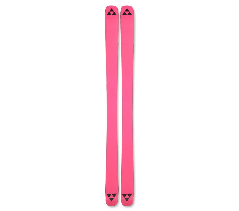 Pair of pink skis with a logo on a white background