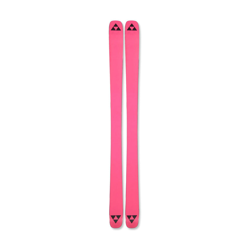 Pair of pink skis with a logo on a white background