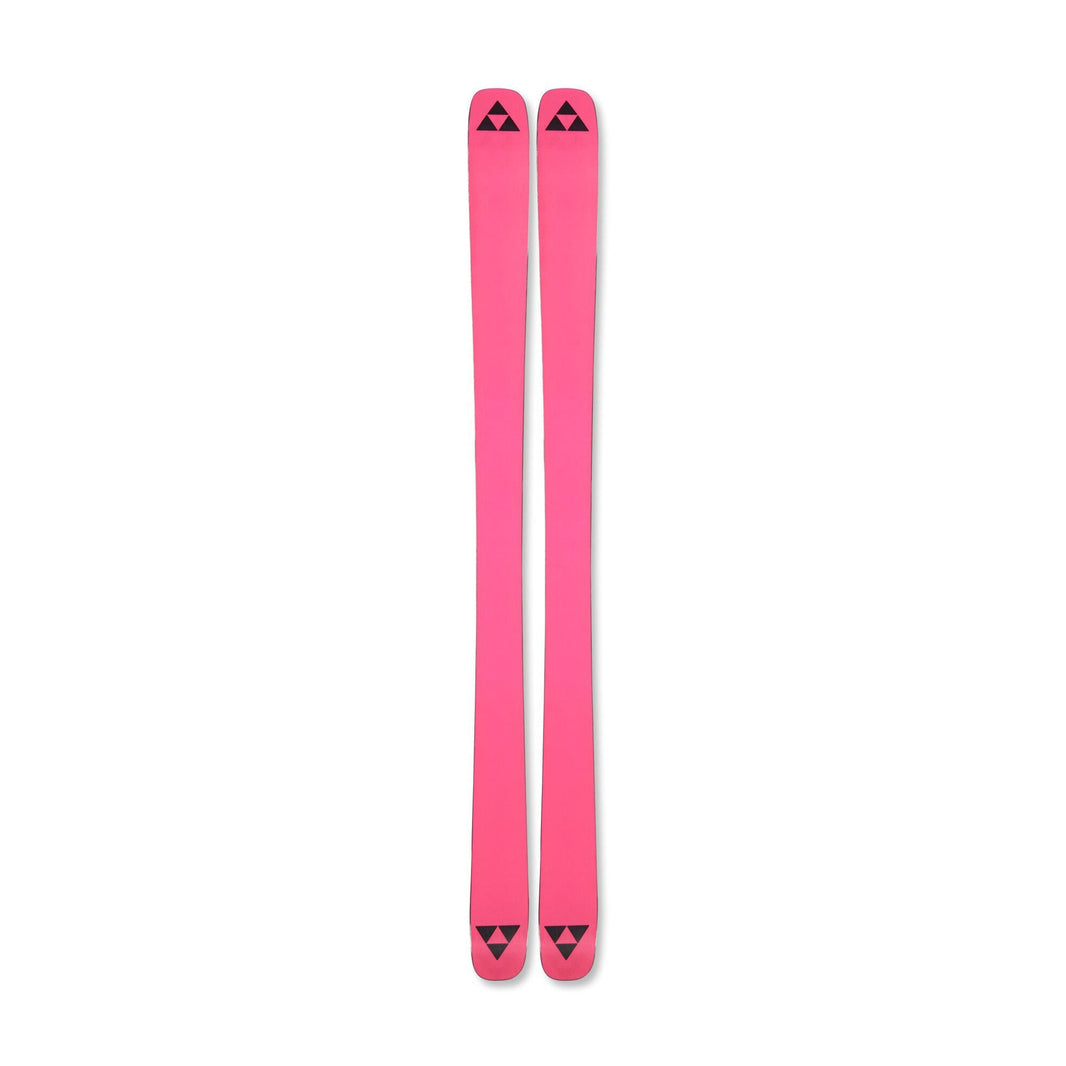 Pair of pink skis with a logo on a white background
