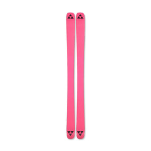 Pair of pink skis with a logo on a white background
