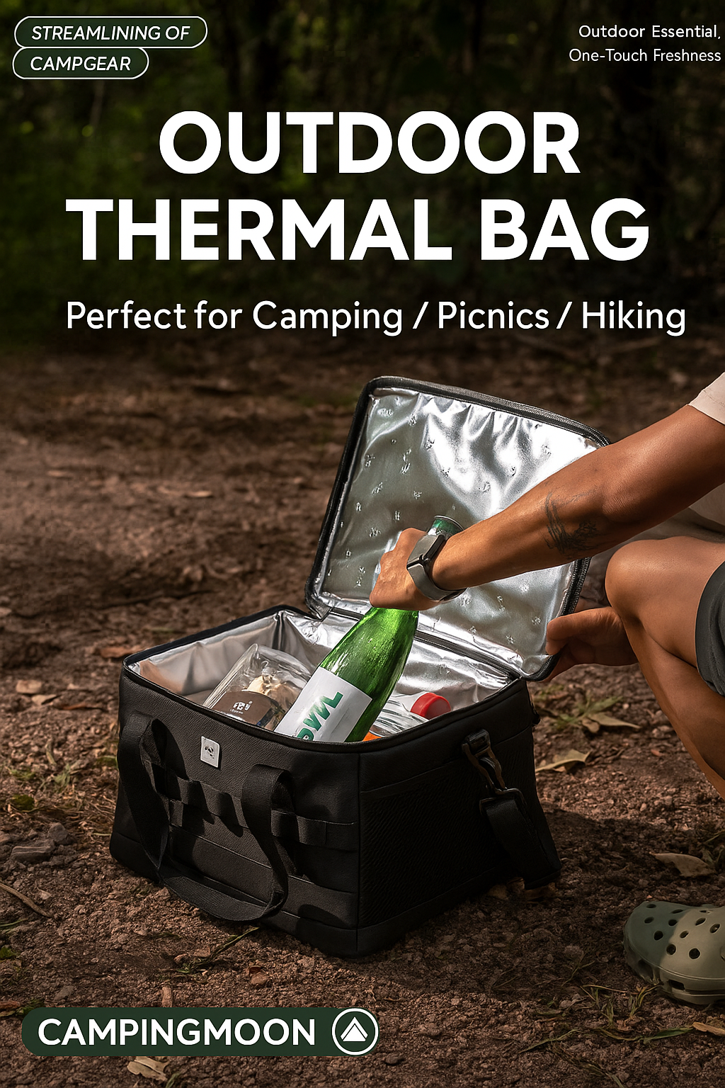 Person opening an outdoor thermal bag with a bottle of wine, set against a natural background.