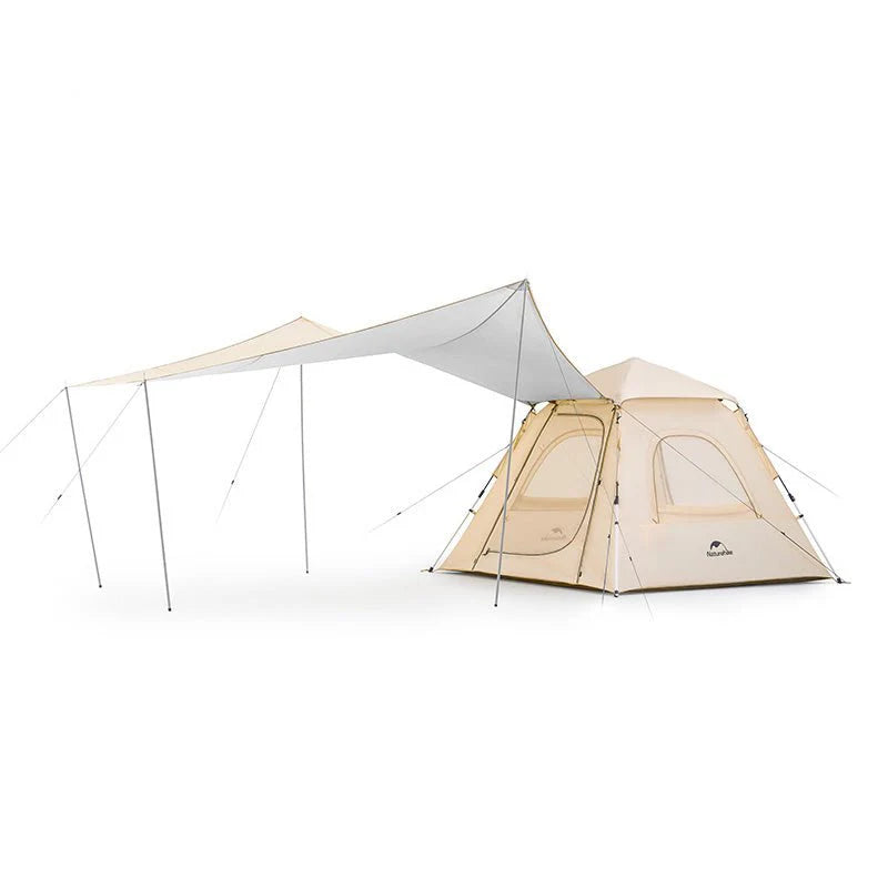 A beige automatic tent canopy with a hall pole, connected to a tent, set against a white background.