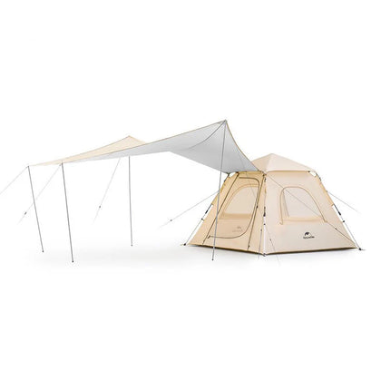 A beige automatic tent canopy with a hall pole, connected to a tent, set against a white background.