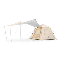 A beige automatic tent canopy with a hall pole, connected to a tent, set against a white background.