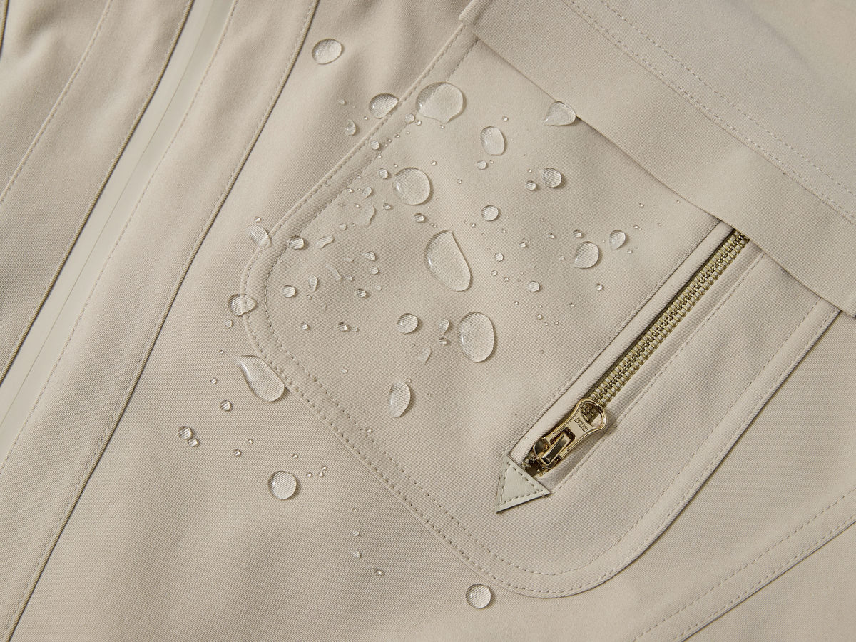 Water beading on BCG khaki shell fabric