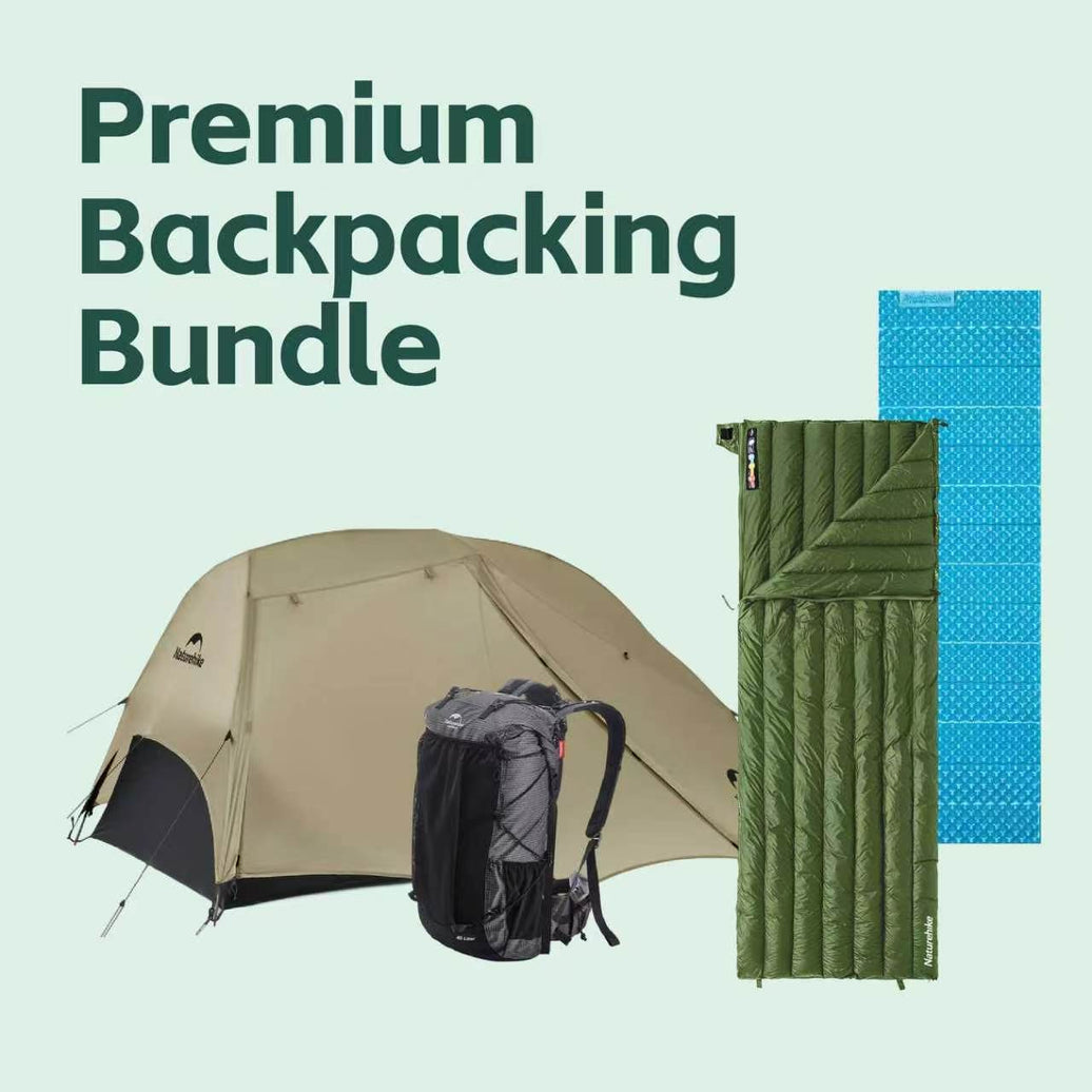Premium Backpacking Bundle: Naturehike Star River 2-person tent in sand, a grey and black Naturehike hiking backpack, an army green CW295 down envelope sleeping bag and a blue folding foam mat.