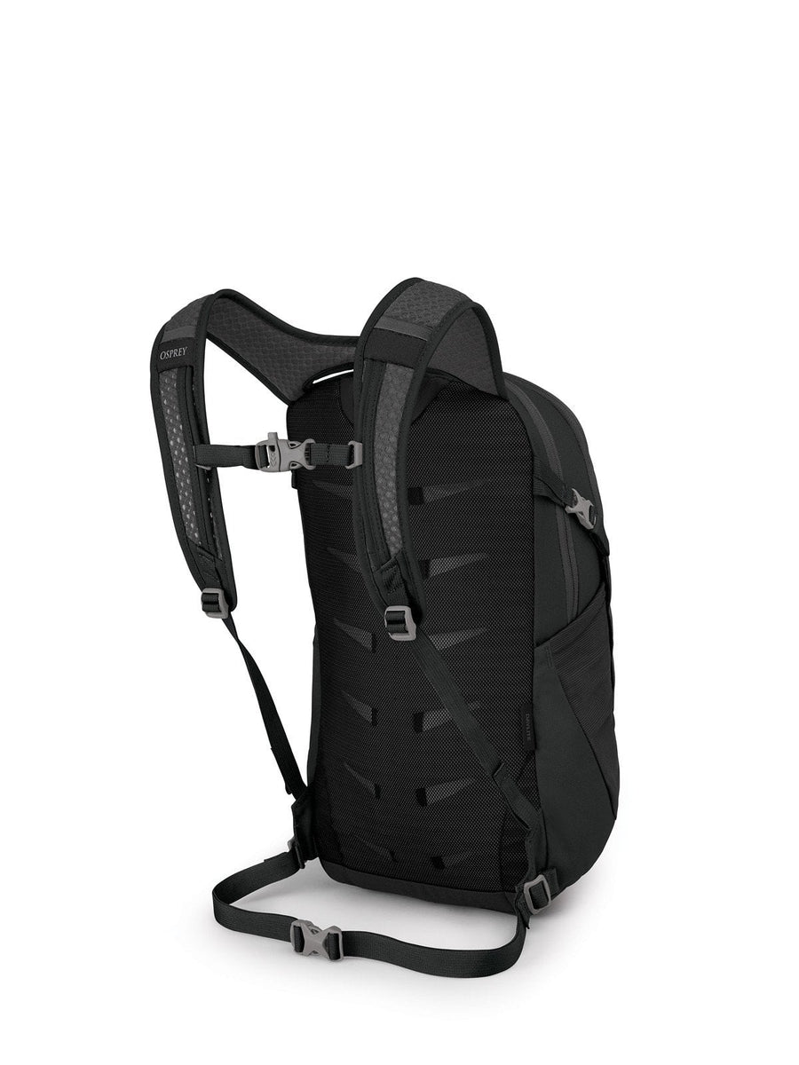 Osprey Daylite daypack back panel and harness view in Black