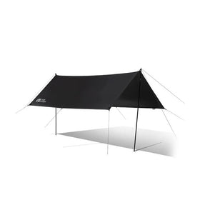 A black, unfolded canopy made of Oxford Cloth with Vinyl Coated Tarp, designed for outdoor use.
