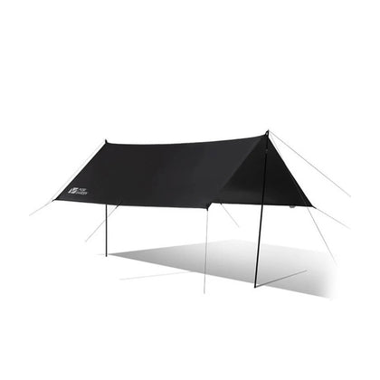 A black, unfolded canopy made of Oxford Cloth with Vinyl Coated Tarp, designed for outdoor use.
