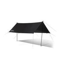A black, unfolded canopy made of Oxford Cloth with Vinyl Coated Tarp, designed for outdoor use.
