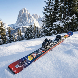 Ski with bindings on a snowy surface with trees and mountains in the background