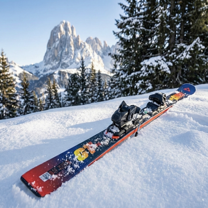 Ski with bindings on a snowy surface with trees and mountains in the background