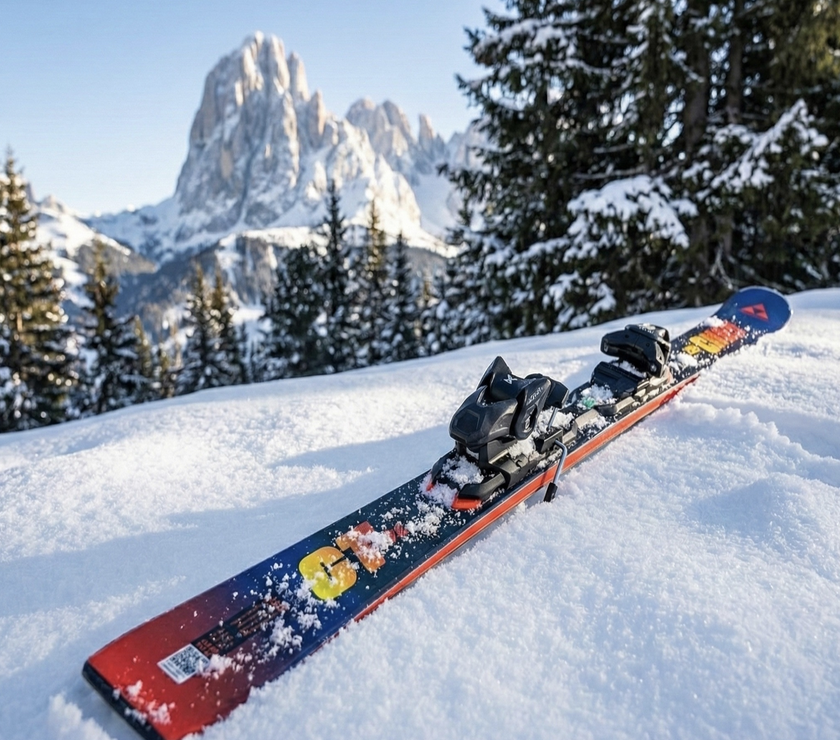 Ski with bindings on a snowy surface with trees and mountains in the background