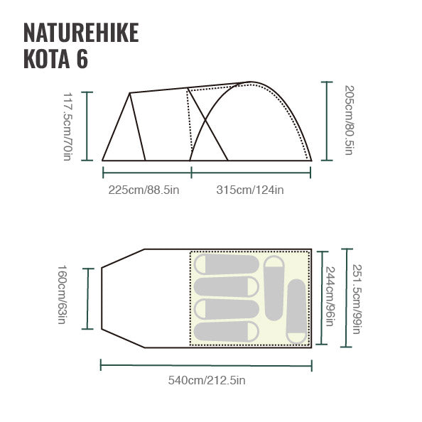 Naturehike Kota 6 Tent Light Brownish Gray (2026) floor plan