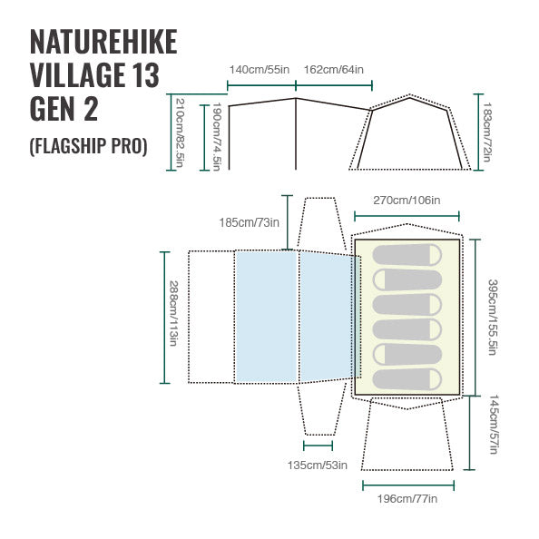 Naturehike Village 13 Flagship Pro Series Fast Build Automatic Cabin Style Tent (2026) floor plan