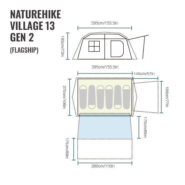 Naturehike Village 13 Flagship 8-Person Automatic Cabin Tent (2026) floor plan