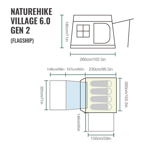 Naturehike Village 6.0 Flagship Model 2nd Generation Quick Opening Tent (2026) floor plan